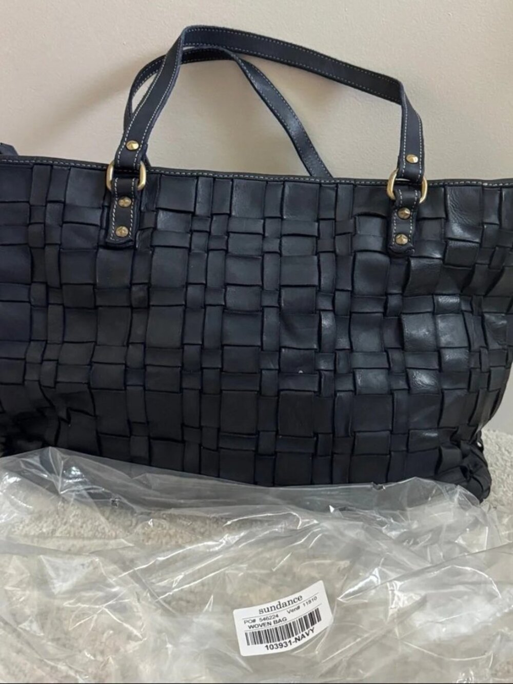 Sundance navy woven leather satchel with removable shoulder strap. NWT